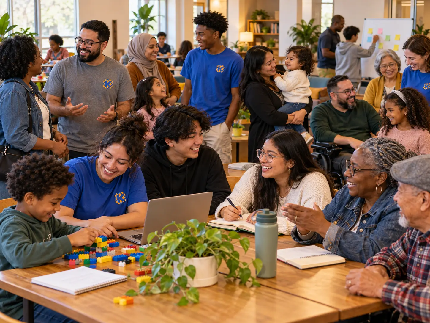 A diverse intergenerational community, including children, youth, adults, elders, and KSA volunteers, learning and connecting together in an accessible gathering space