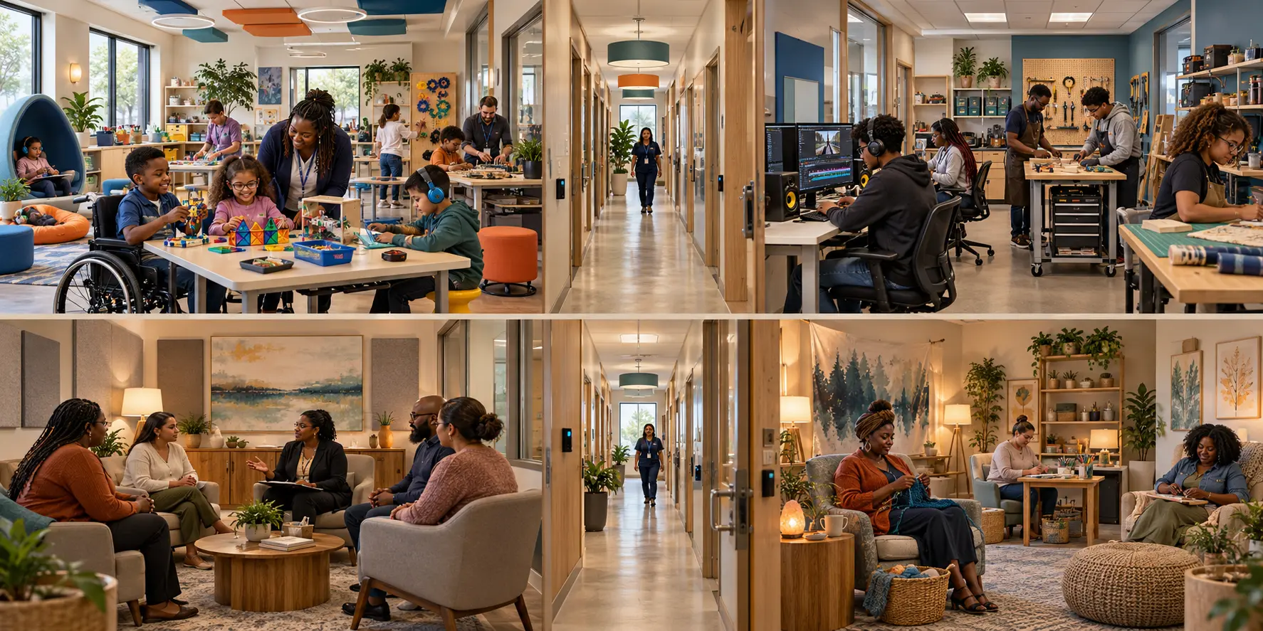 Concept showing separate inclusive KSA spaces: a sensory-aware children’s STEAM classroom, a secure youth pathways studio, a private family support room, and a calm caregiver crafting studio connected by a supervised corridor