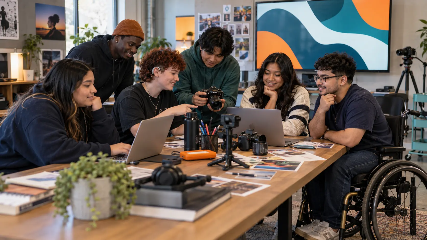 Diverse young adults collaborating on digital media and creative technology skills