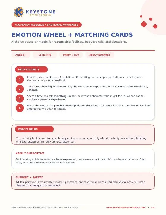 Cover of the Emotion Wheel and Matching Cards printable resource