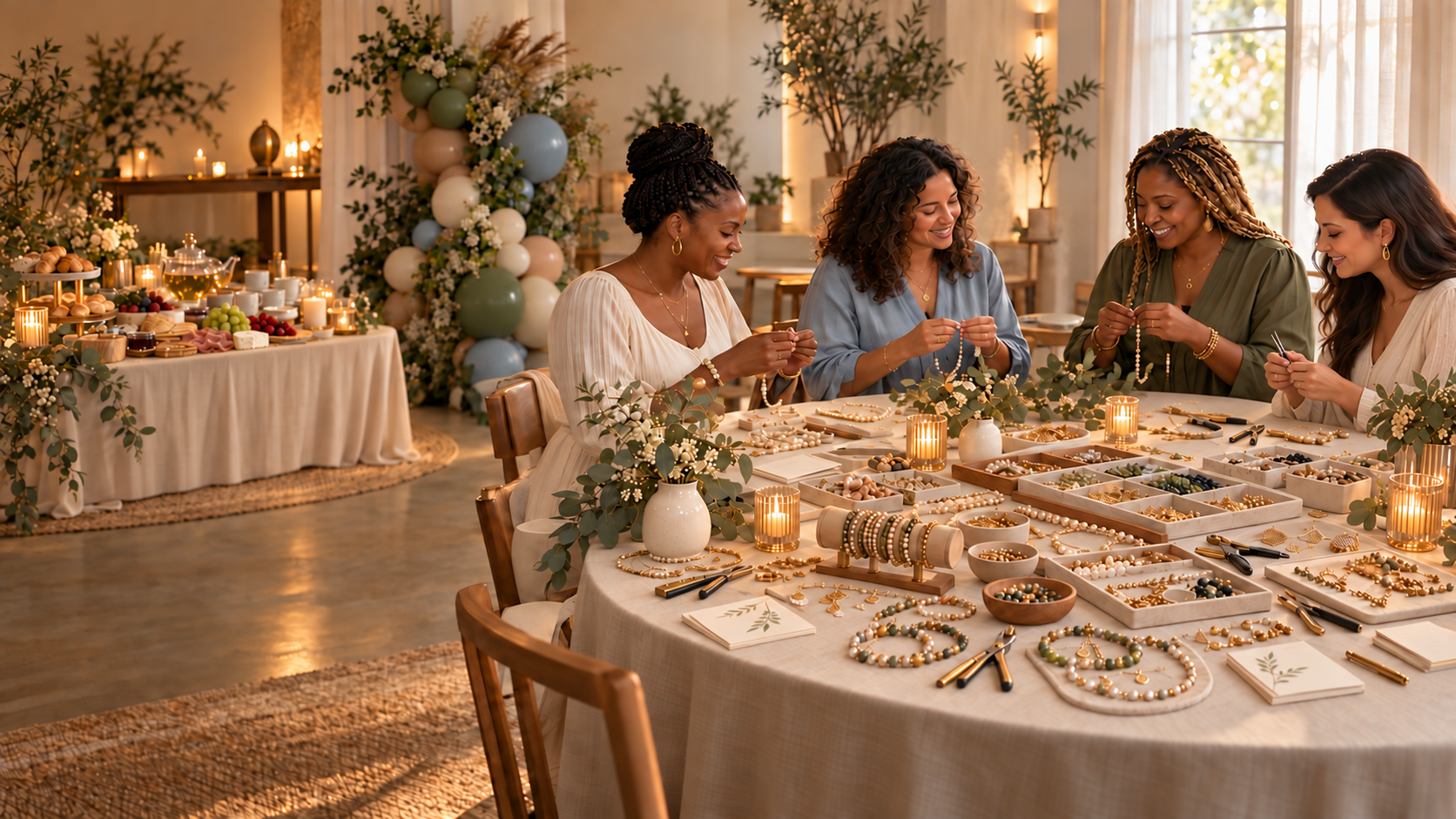 Women enjoying a warmly styled Selah Be jewelry-making gathering with a separate tea and hospitality table nearby.