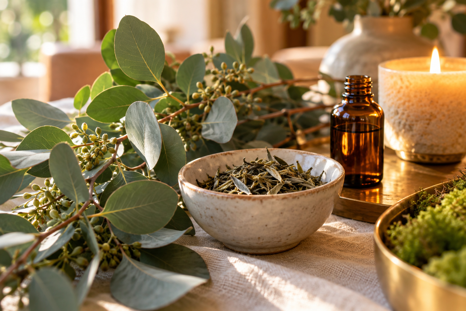 Fresh eucalyptus, white tea leaves, an amber aromatic bottle, and a softly glowing candle.