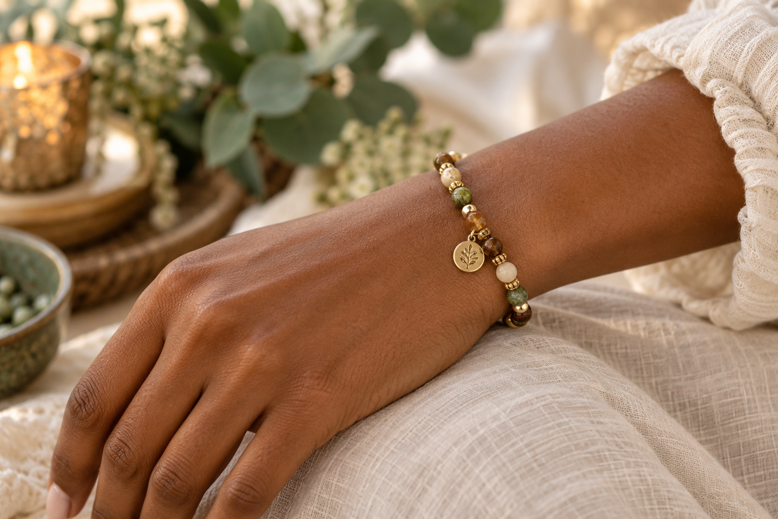 A close view of a brown-skinned woman wearing a handmade bracelet with warm natural beads and a delicate gold charm.
