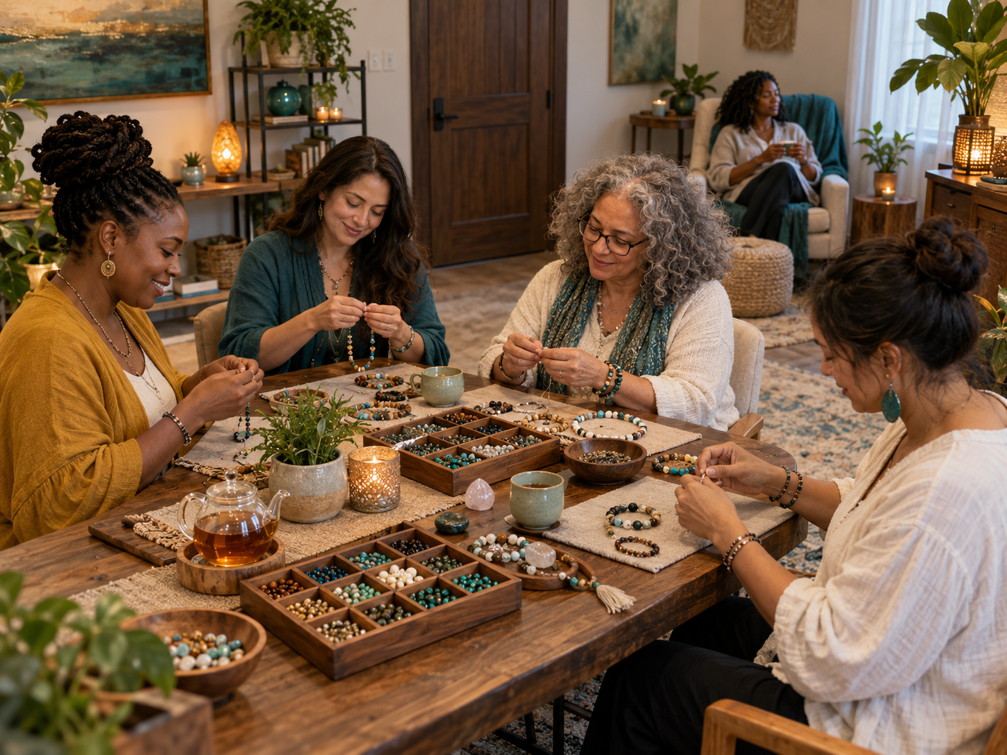 A diverse group of women making jewelry around a warm wooden table with tea, candles, and greenery.