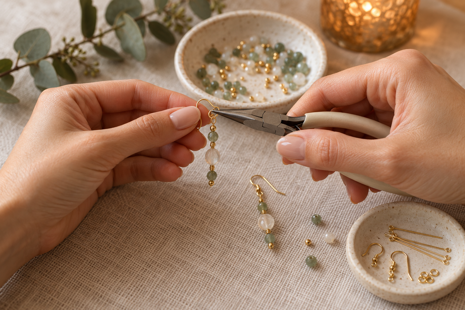 Hands using jewelry pliers to make delicate natural-stone earrings with gold-toned findings.