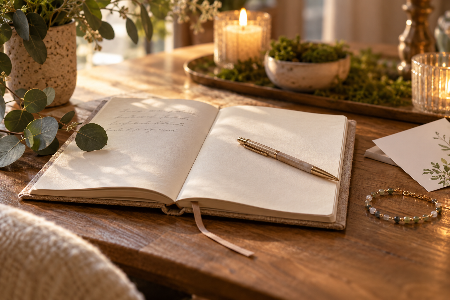 An open journal and pen beside eucalyptus, candlelight, and a delicate finished bracelet.