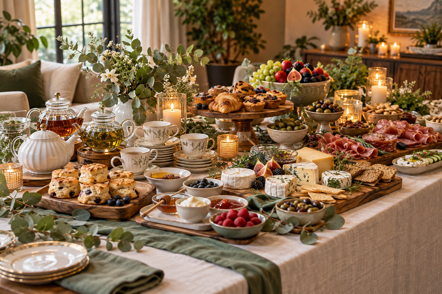 A dedicated hospitality table arranged with tea, pastries, cheeses, fruit, premium deli selections, olives, pickles, and greenery.