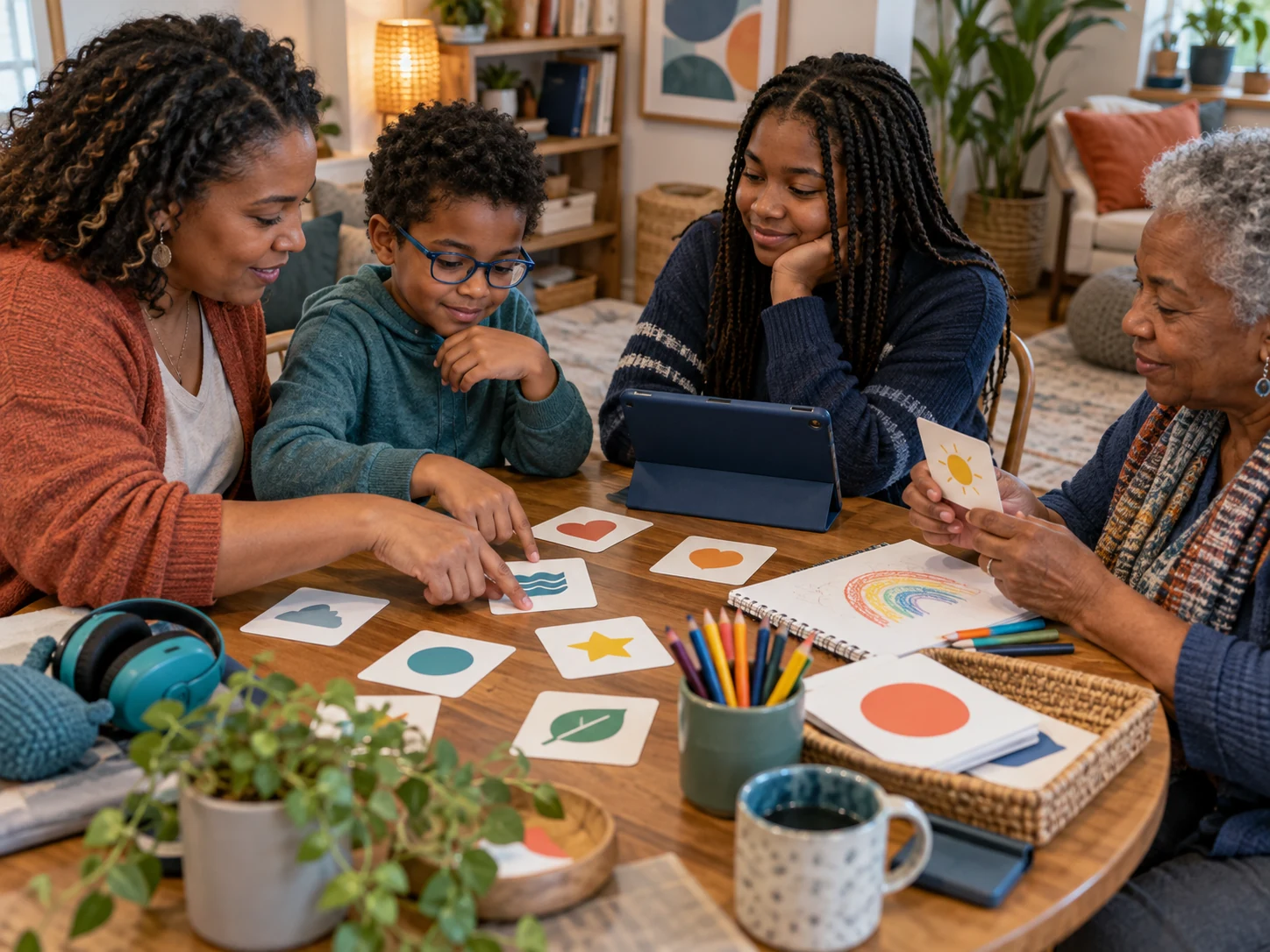 A family using visual cards, drawing, and a tablet to practice different ways of communicating