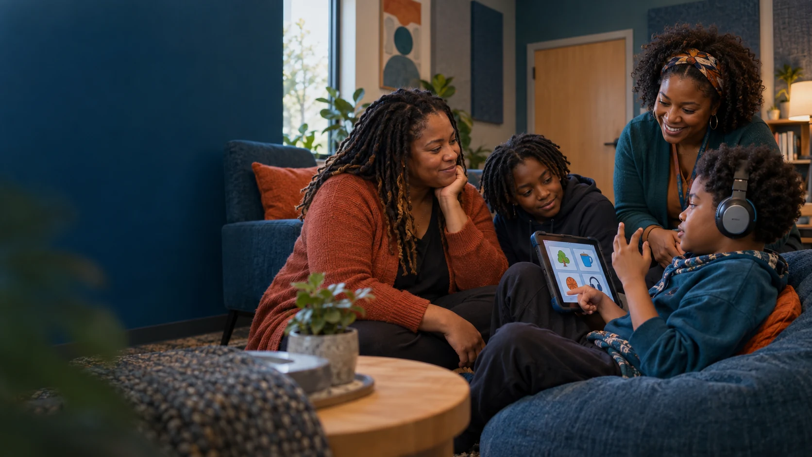 A child using a communication tablet while family members and a facilitator listen with care in a quiet sensory-aware room