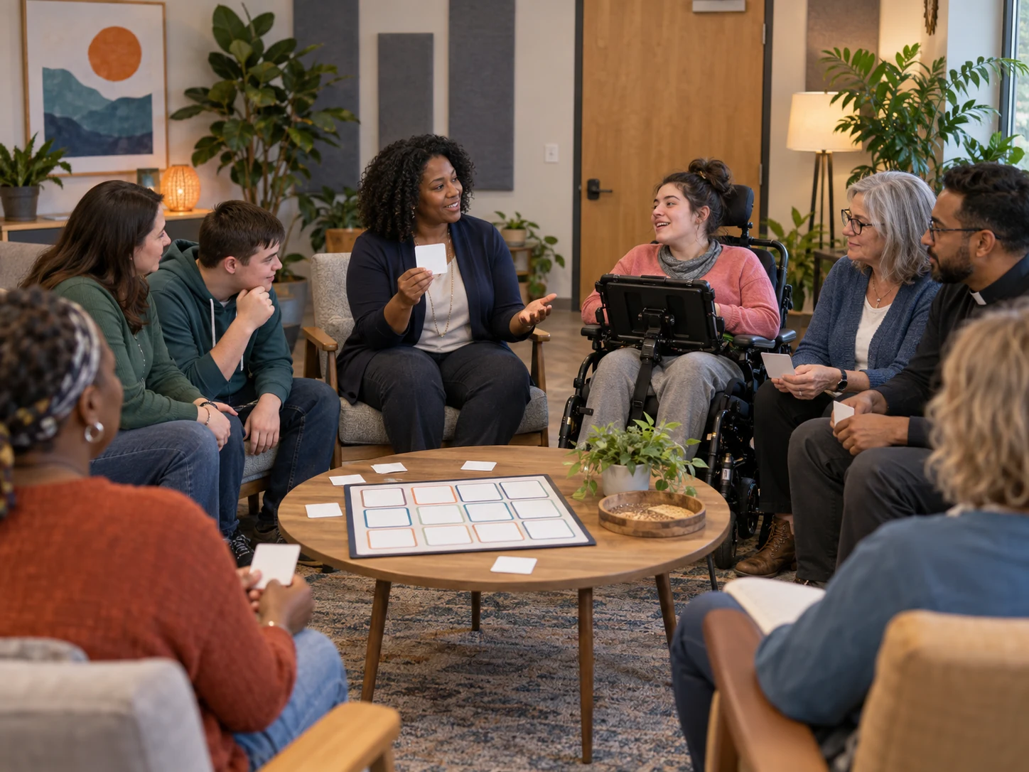 An inclusive small-group communication workshop with caregivers, an older teen, a participant using an AAC device, educators, and community leaders