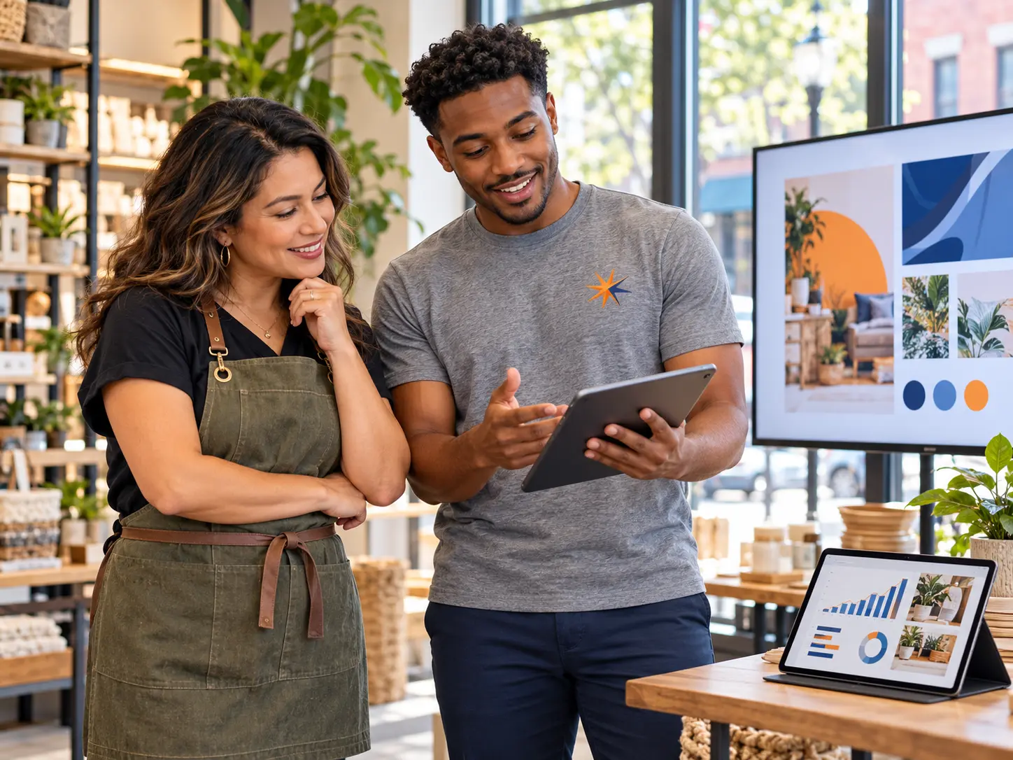 A Spark Plugged representative in a gray branded shirt reviewing tailored marketing and digital-display options with a local business owner